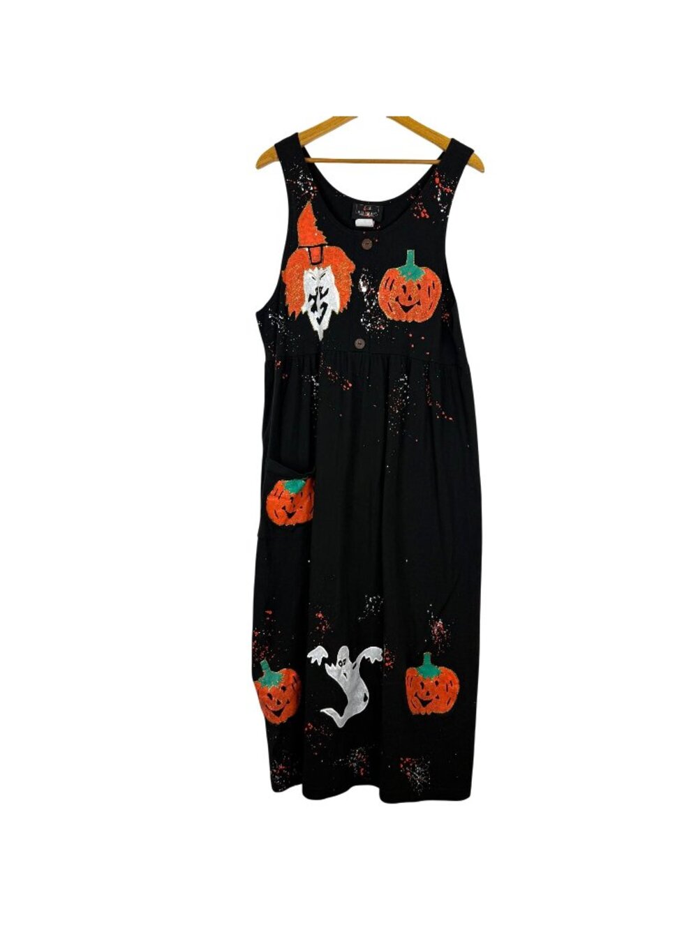 Vtg 90s L.A. Artwear Halloween Jumper Dress Hand Painted Witch Pumpkin Ghost OS